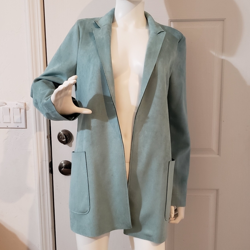 Joan Vass pale teal faux suede open front blazer size medium